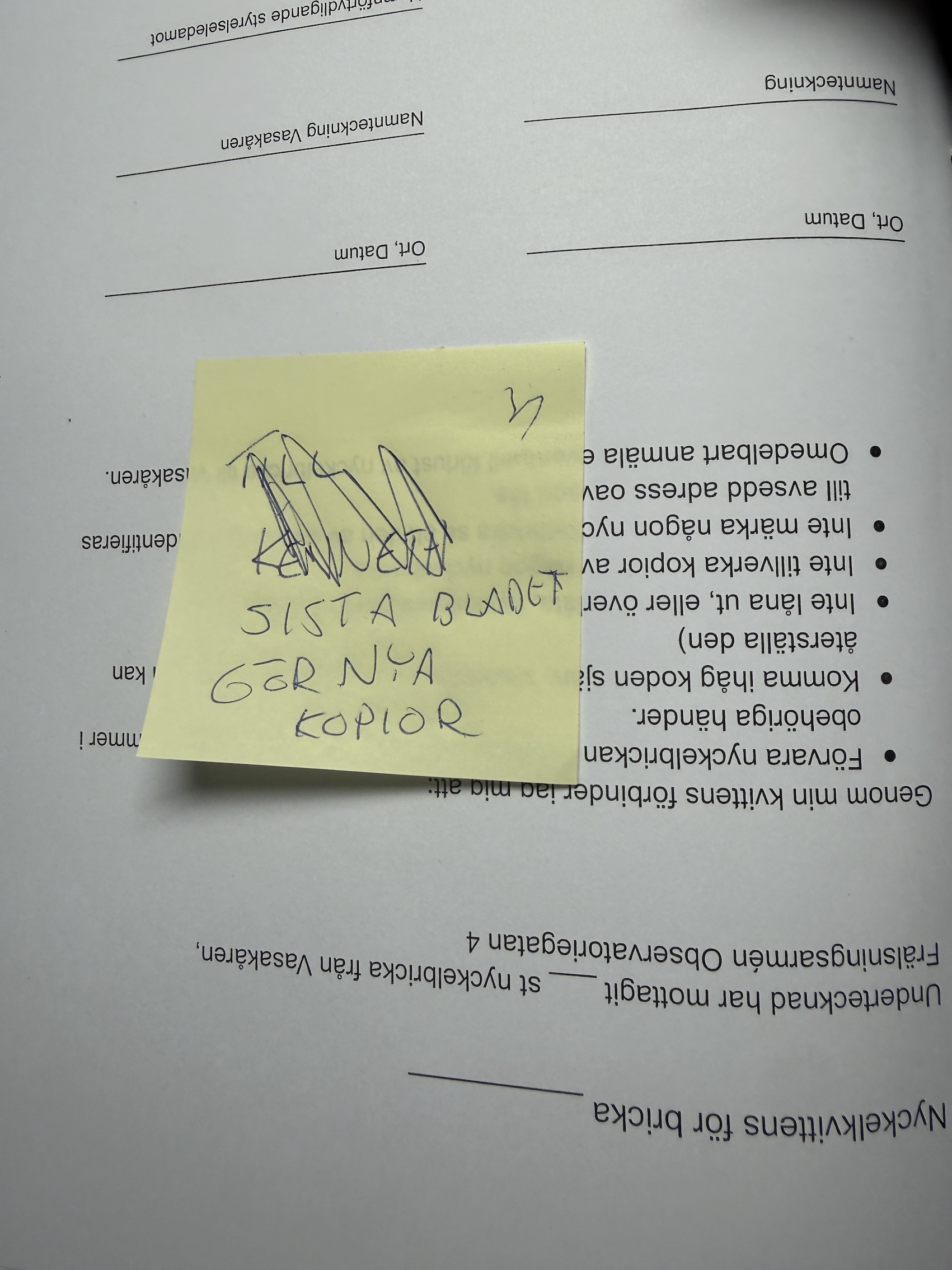 A kanban card that says "To Kenneth" (scratched over) and then "Last sheet - make new copies"